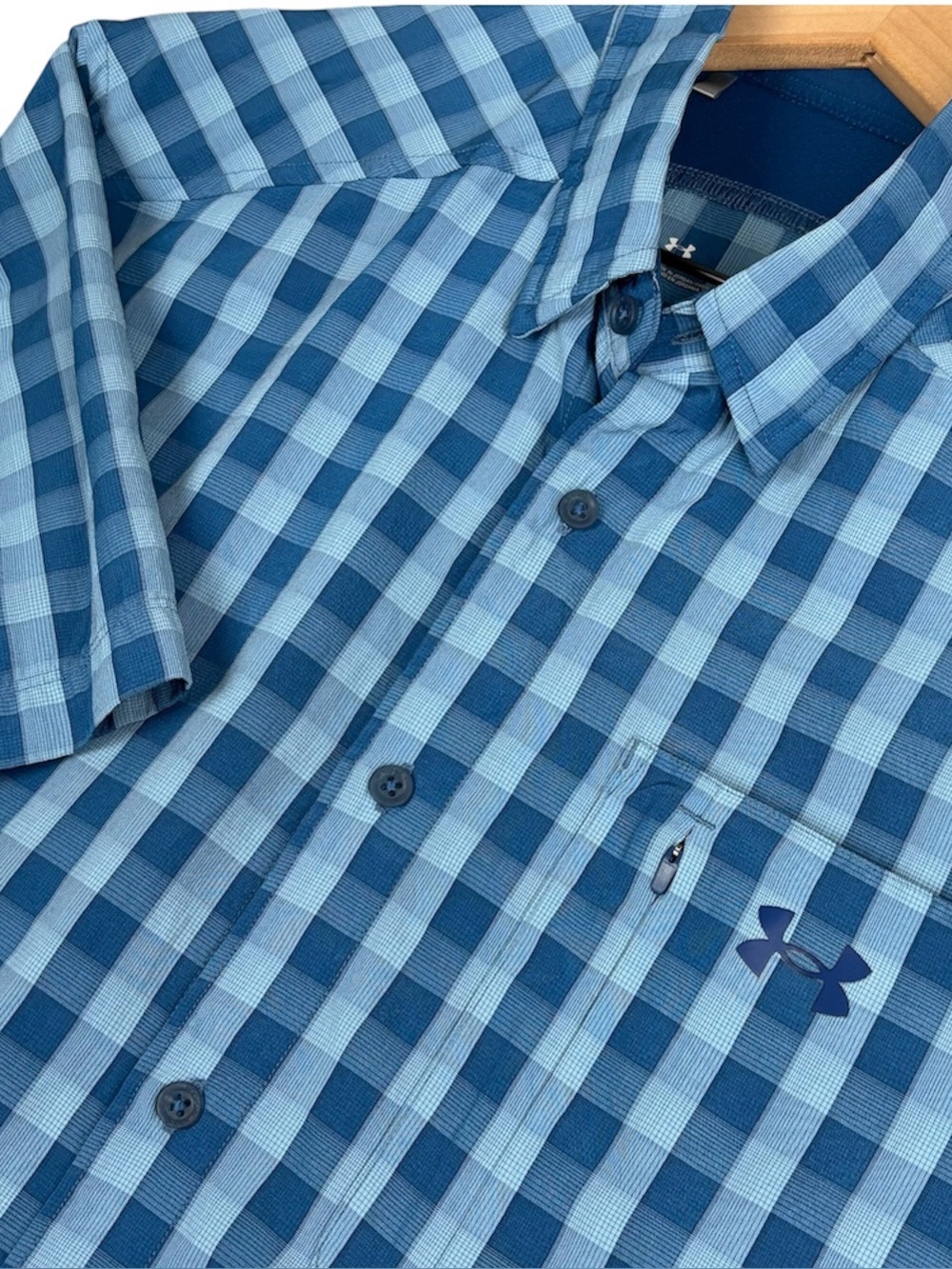 Under Armour Shirt Mens Large Blue Check Drift Tide 2.0 Fitted Short Sleeve